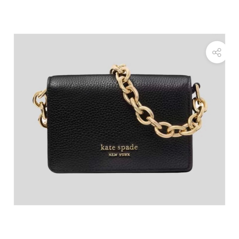 Kate Spade Natasha card case Black Pebbled Leather Crossbody with Gold Chain